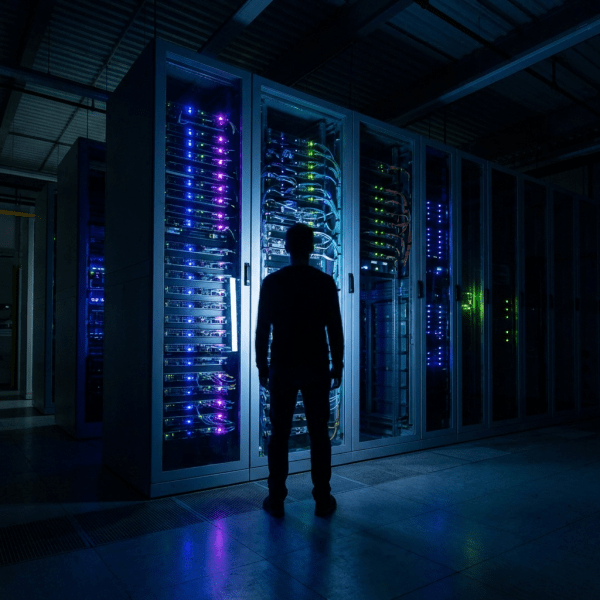Silhouette of a person standing before rows of glowing server racks in a data center.