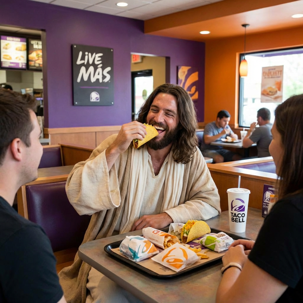 A man dressed as Jesus eats a taco in a Taco Bell with LIVE MÁS signage.