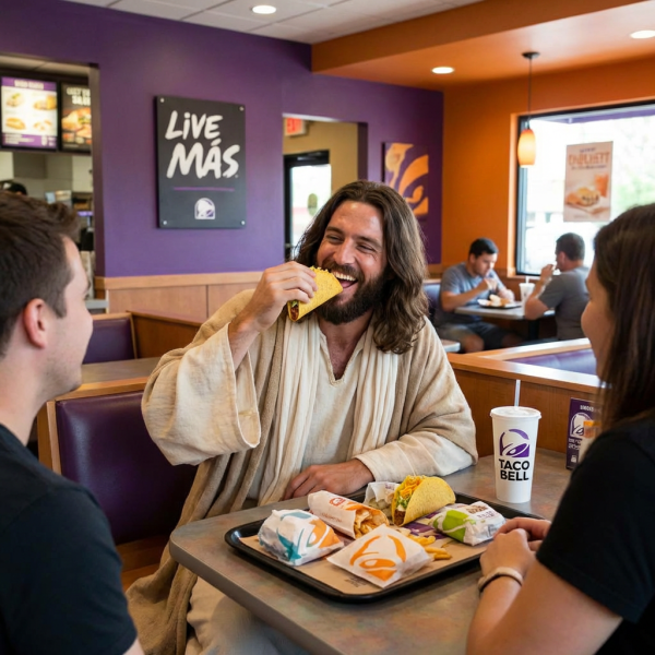 A man dressed as Jesus eats a taco in a Taco Bell with LIVE MÁS signage.