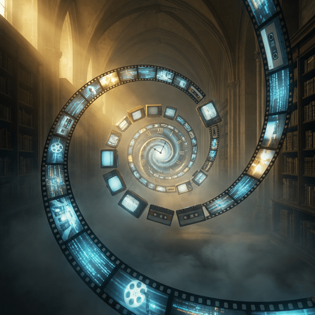 Surreal media timeline spiral cinematic lighting