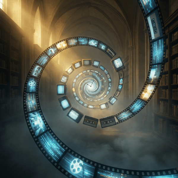 Surreal media timeline spiral cinematic lighting