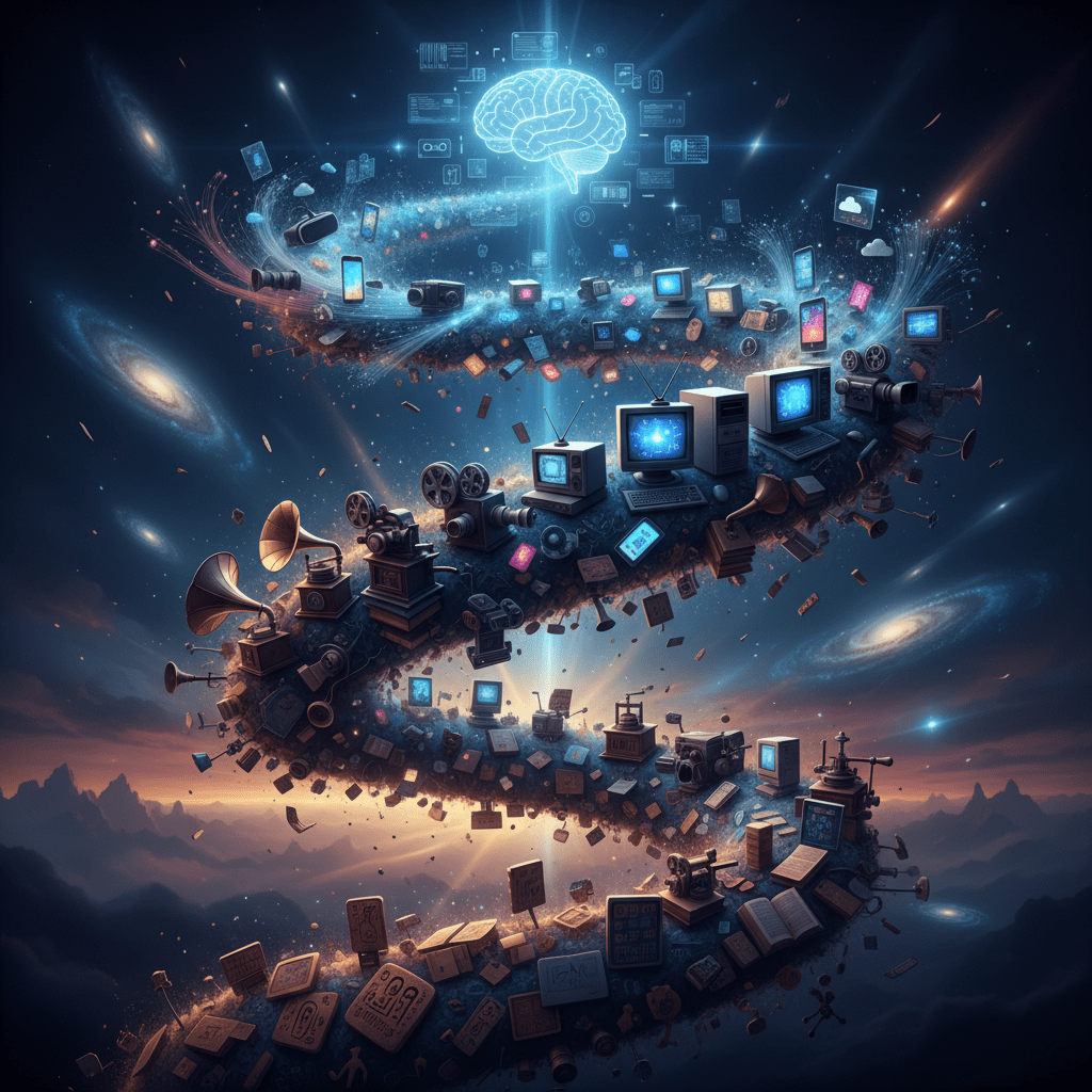 Digital illustration of communication tools evolving from ancient clay tablets to modern artificial intelligence.