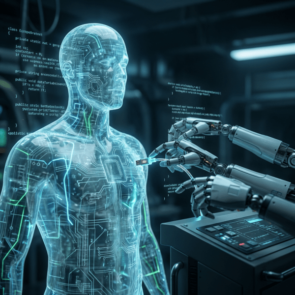 Robotic arms connecting a data cable to a glowing translucent human figure with circuitry.