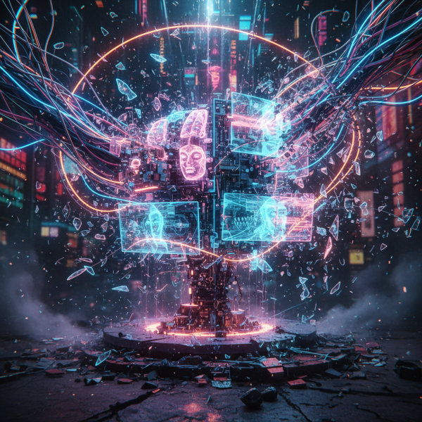 An exploding futuristic machine with glowing wires and digital screens in a cyberpunk city.