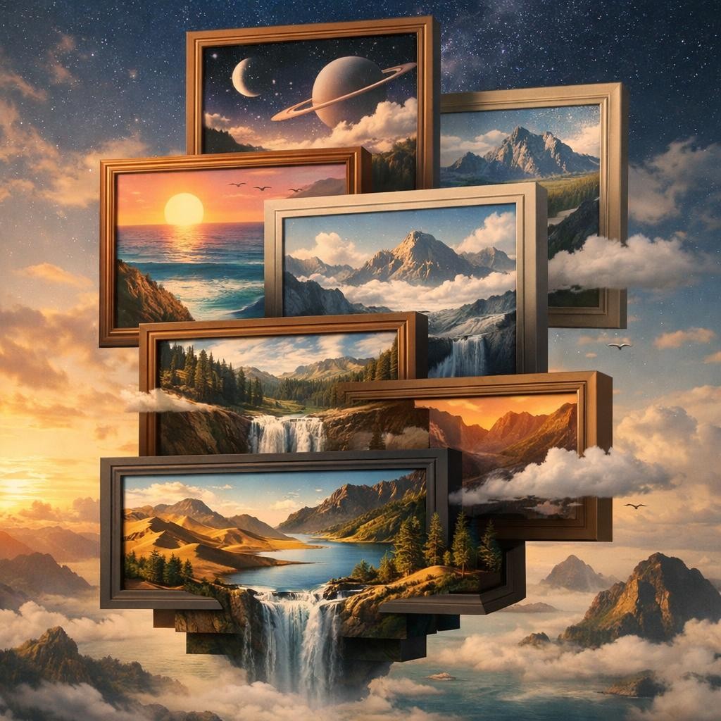 Stacked framed landscape paintings featuring mountains, waterfalls, ocean sunset, and planets