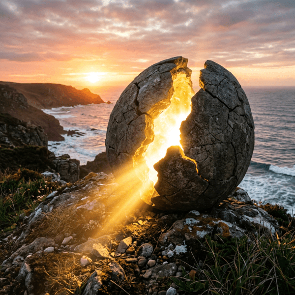 Cracked spherical stone glowing with golden light on rocky coastal cliff at sunset
