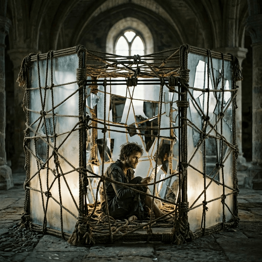 Person sitting inside a cage made of broken mirrors and rope in a dark stone room