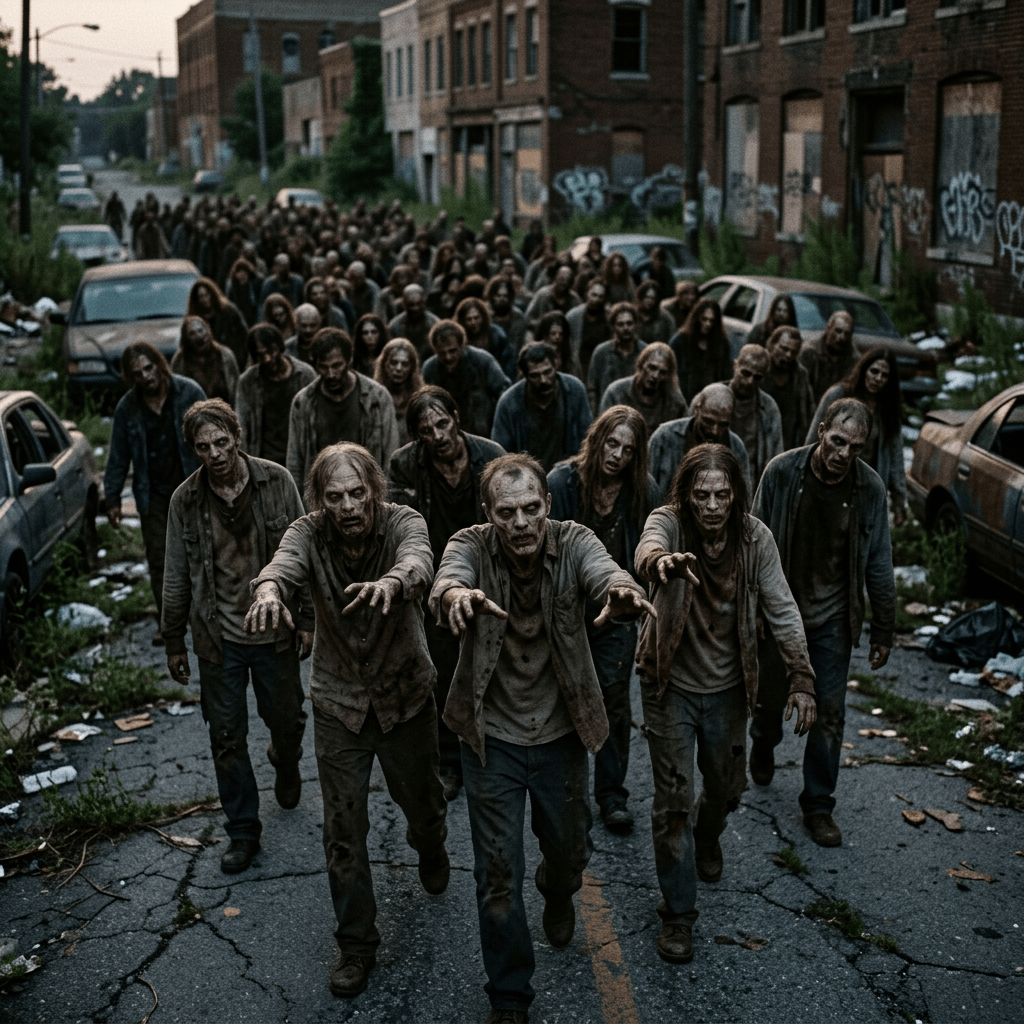 Crowd of zombies walking on cracked street in abandoned city