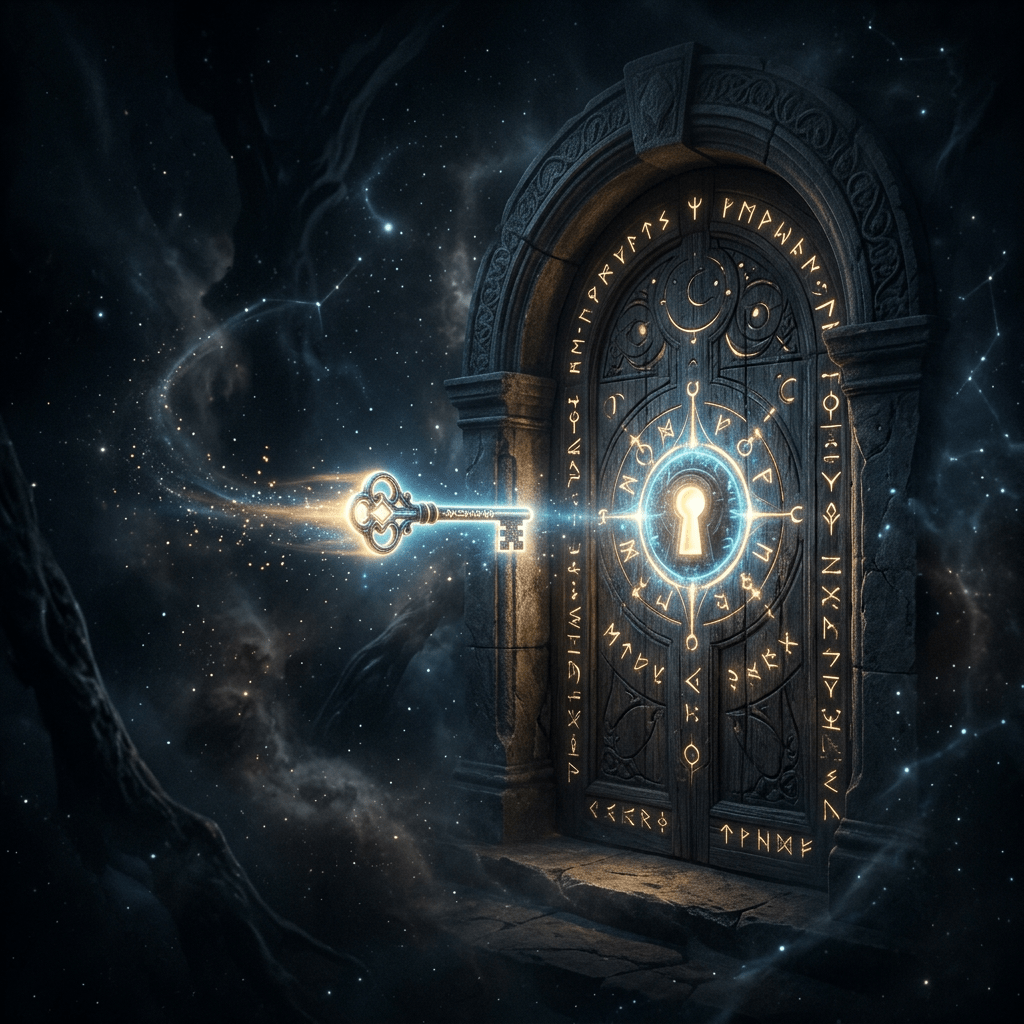 Glowing key inserting into ancient door with glowing runes and keyhole