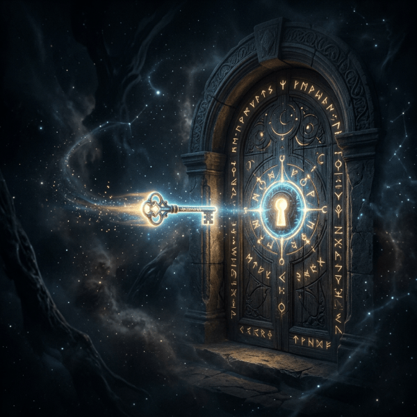 Glowing key inserting into ancient door with glowing runes and keyhole