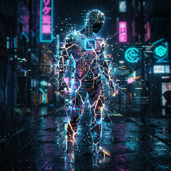 Humanoid figure made of glowing electronic circuits with lightning effects in a rainy cyberpunk street