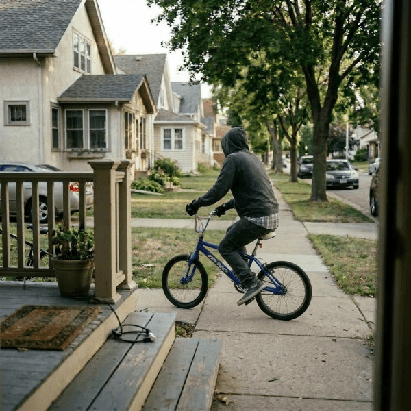 Young person in a hoodie on a blue bicycle on a residential sidewalk