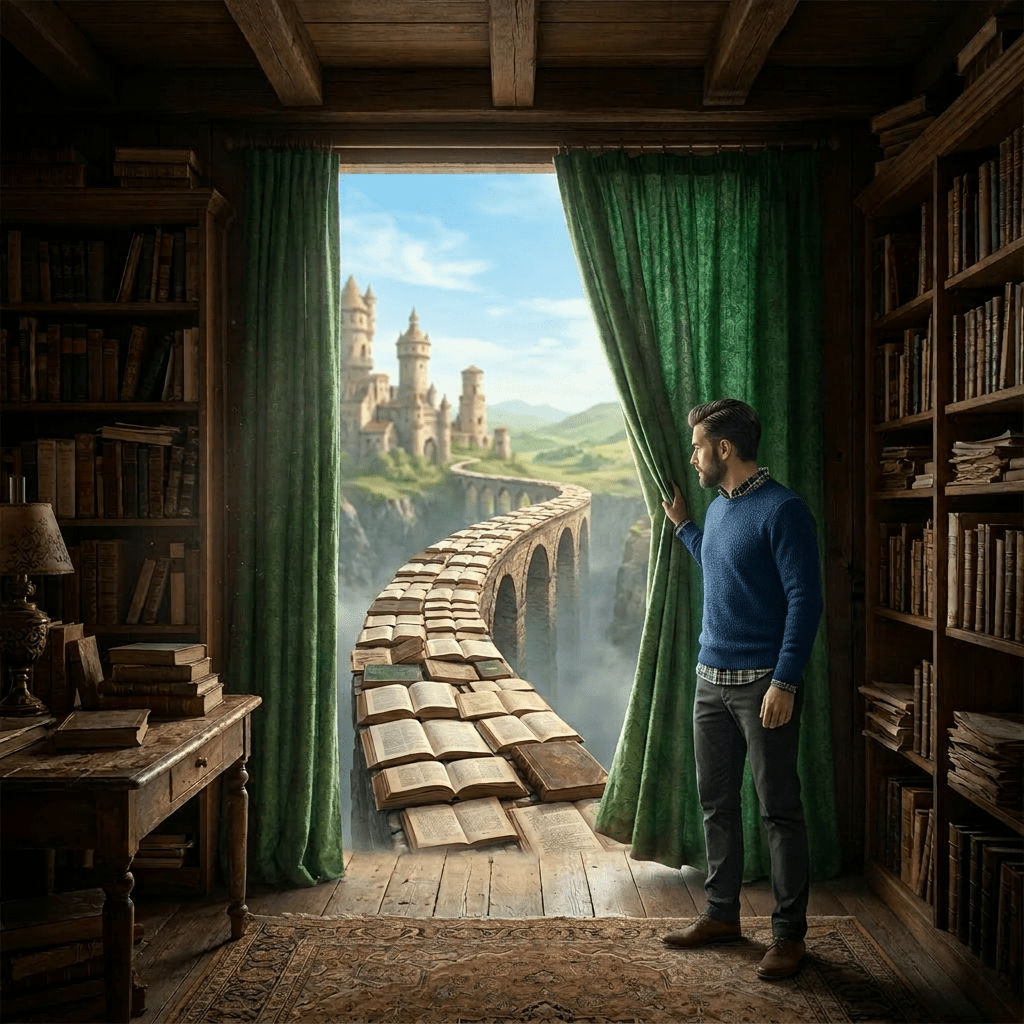 A woman pulling a curtain to reveal a bridge made of open books stretching to a castle.