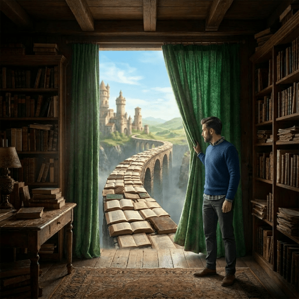 A woman pulling a curtain to reveal a bridge made of open books stretching to a castle.
