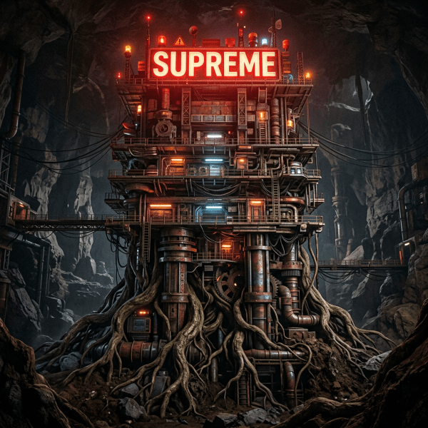 Towering layered machine with roots, SUPREME lights on top
