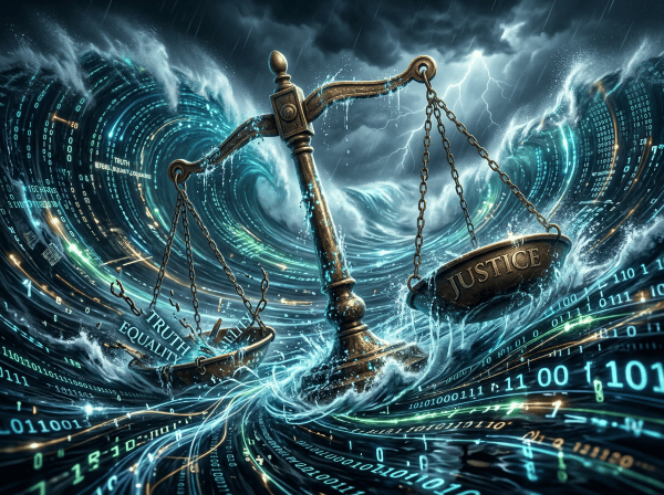 Scales labeled JUSTICE, TRUTH, and EQUALITY amid waves of binary code