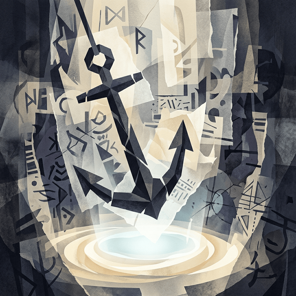 Abstract angular symbols converging above a glowing circular portal