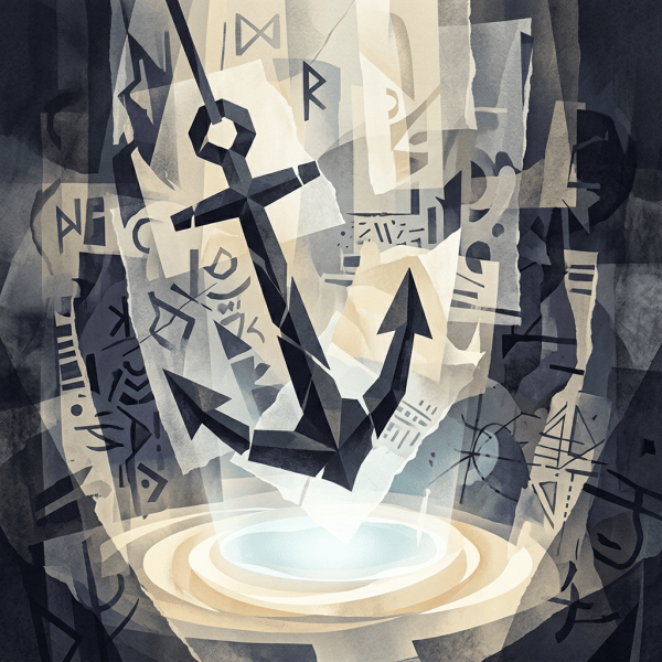 Abstract angular symbols converging above a glowing circular portal