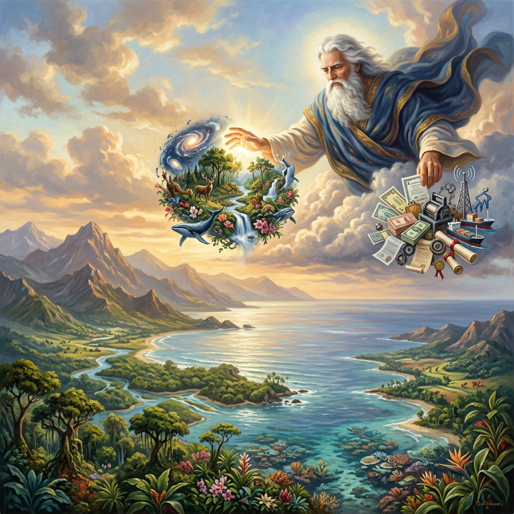 Fantasy bearded figure overlooking a coastal landscape, nature sphere, and industrial symbols